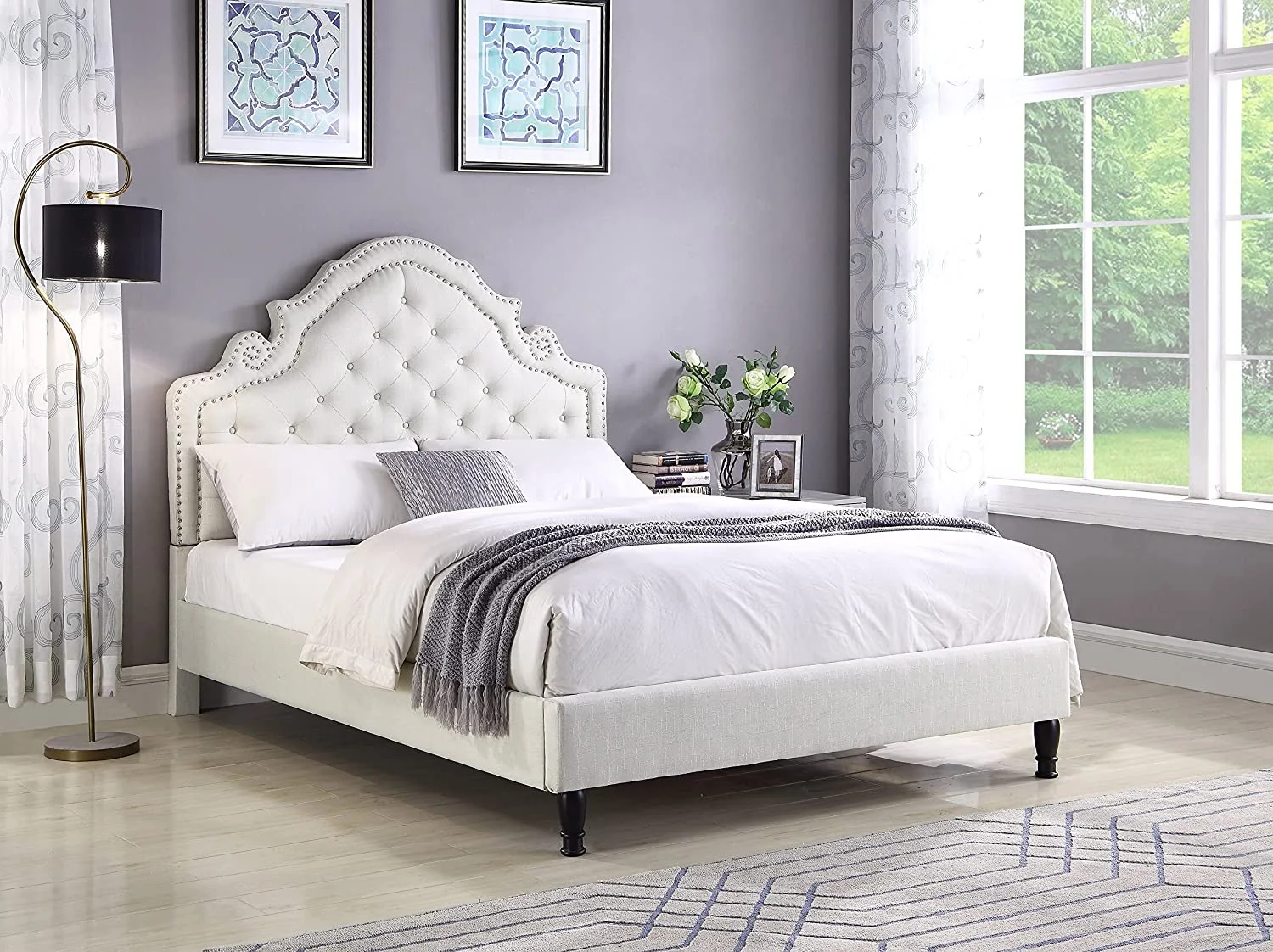 Oliver and Smith Full Upholstered Platform Bed Frame 51 Inch Tall Button Tufted Linen Headboard No Box Spring Needed Wood Slats Easy Assembly Light Beige