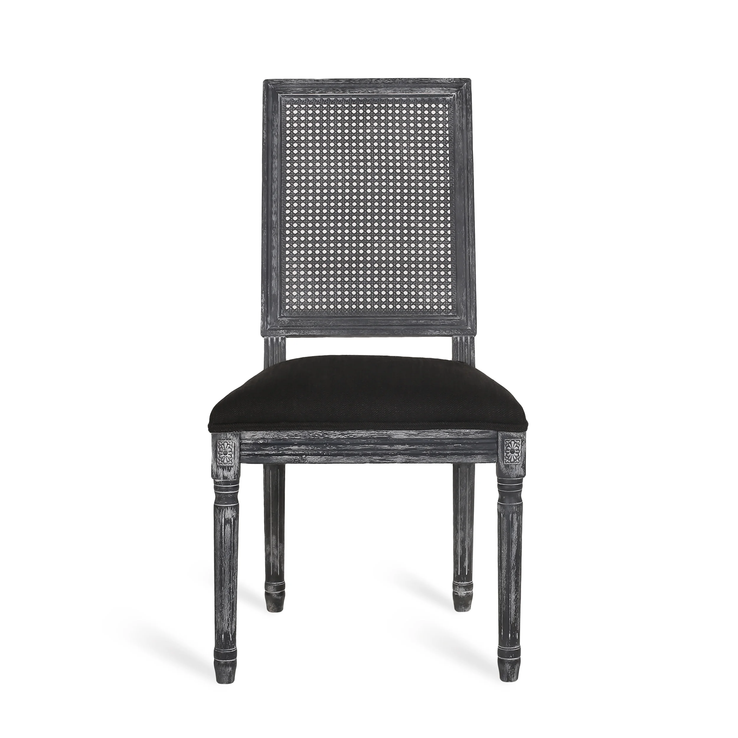 Noble House Fescue Fabric Upholstered Wood and Cane Expandable 7 Piece Dining Set, Gray and Black
