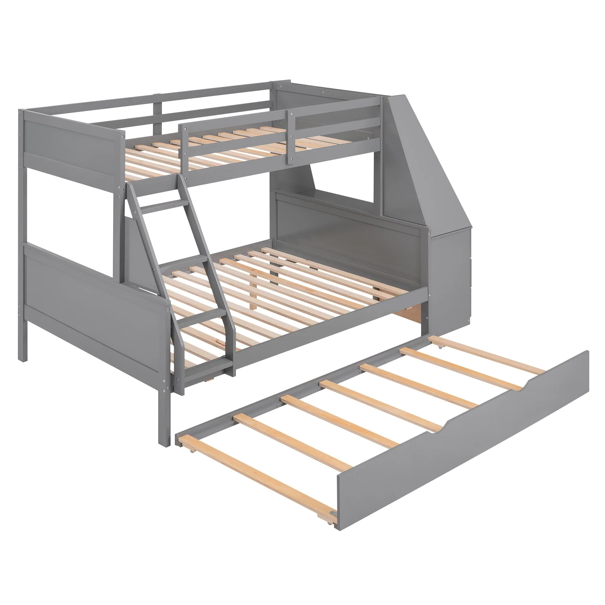EUROCO Twin over Full Bunk Bed with Trundle, Built-in Desk with Bookcase and 3 Drawers for Kids, Gray