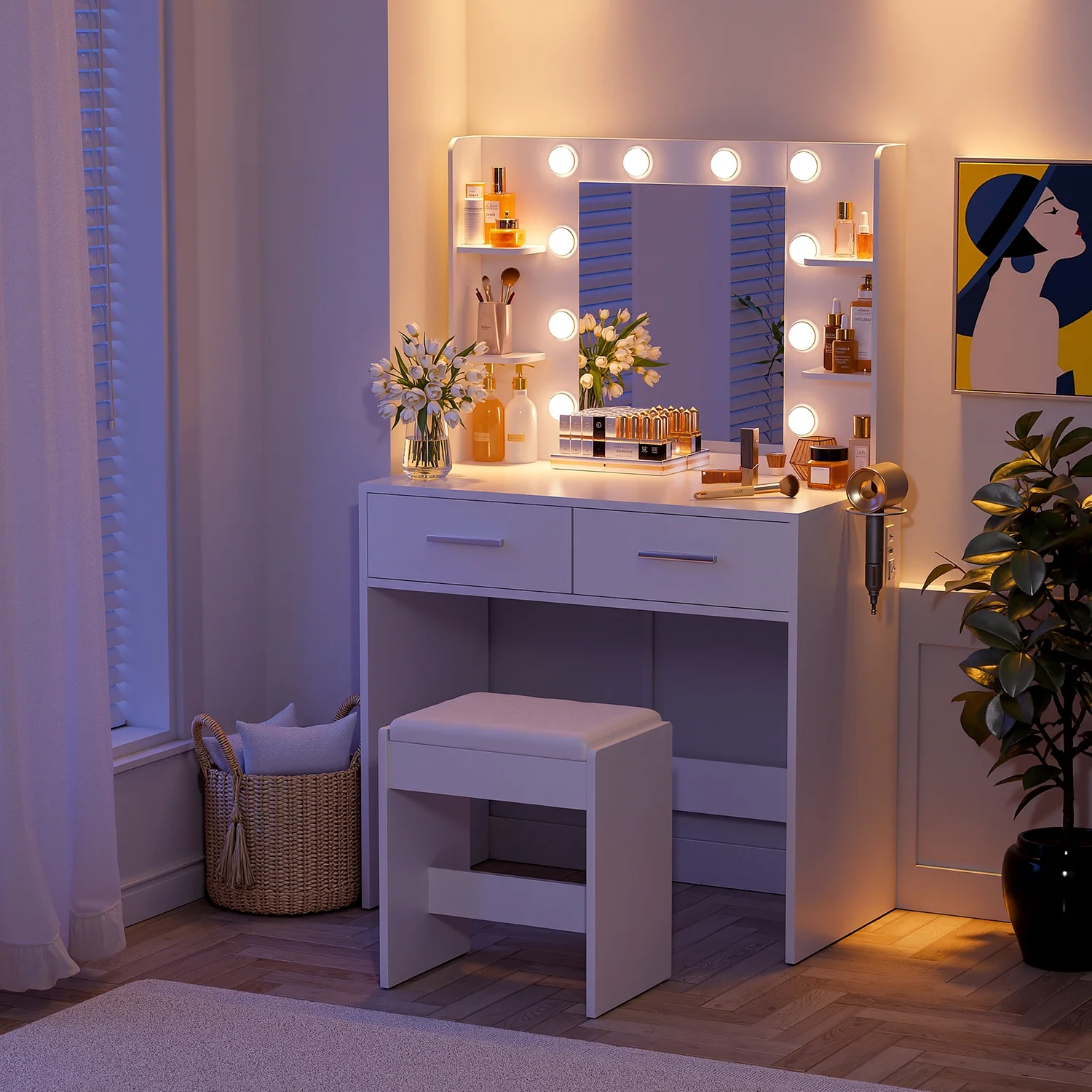 Vineego Makeup Vanity Desk with Lighted Mirror & Power Outlet, Makeup Vanity with stool,White