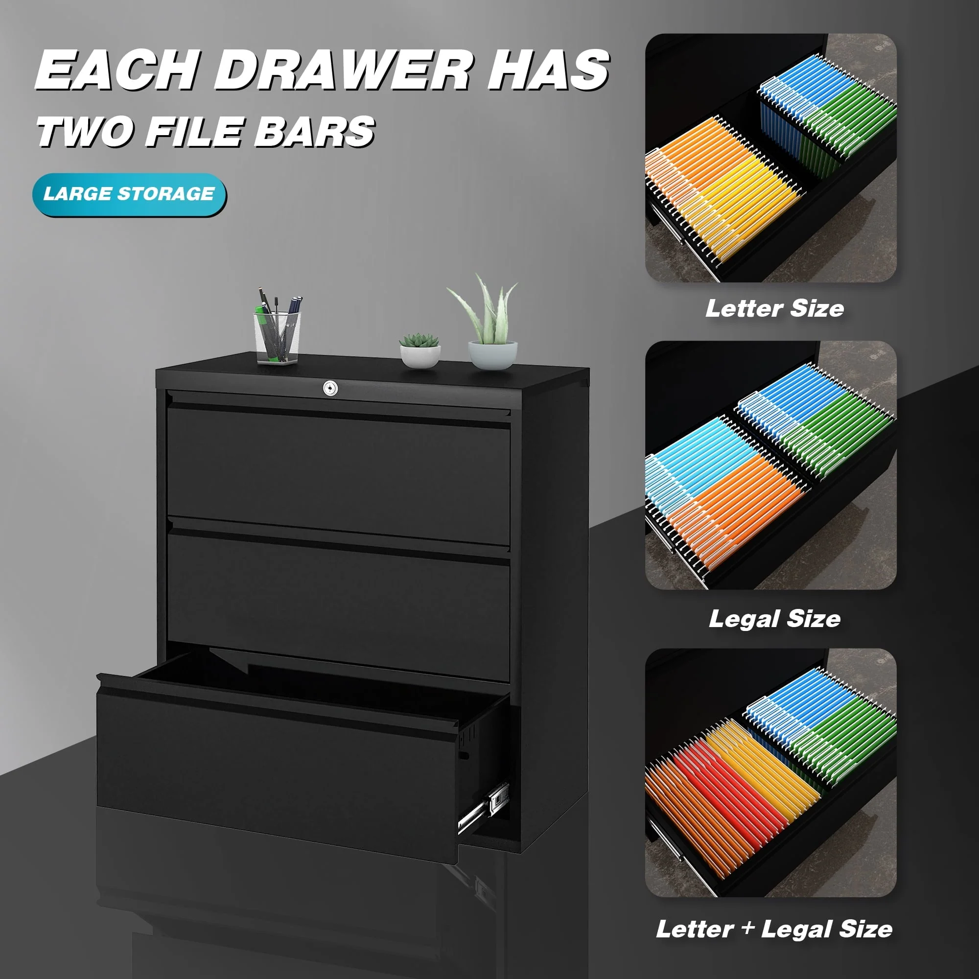 AOBABO 3 Drawer Metal Lateral File Storage Cabinet,Letter/Legal/A4 Size Locking Steel Filing Storage Cabinet for Office,Black,Assembly Required