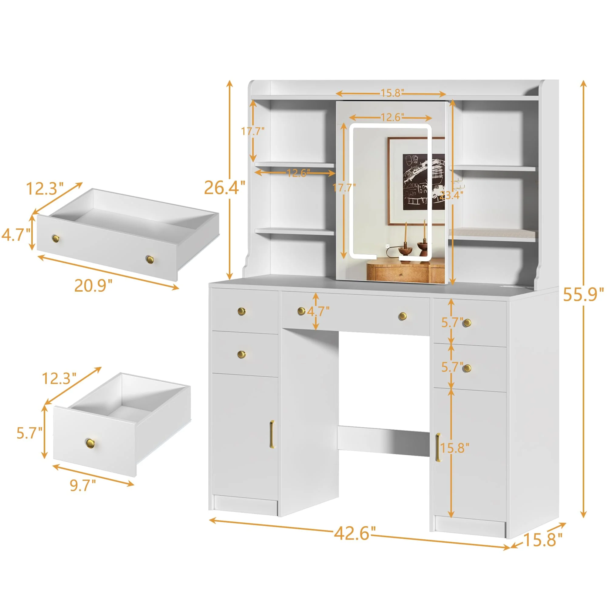 Tomnk White Vanity with Lights Mirrors, Makeup Vanity Desk with Drawers and Chair, Power Outlet