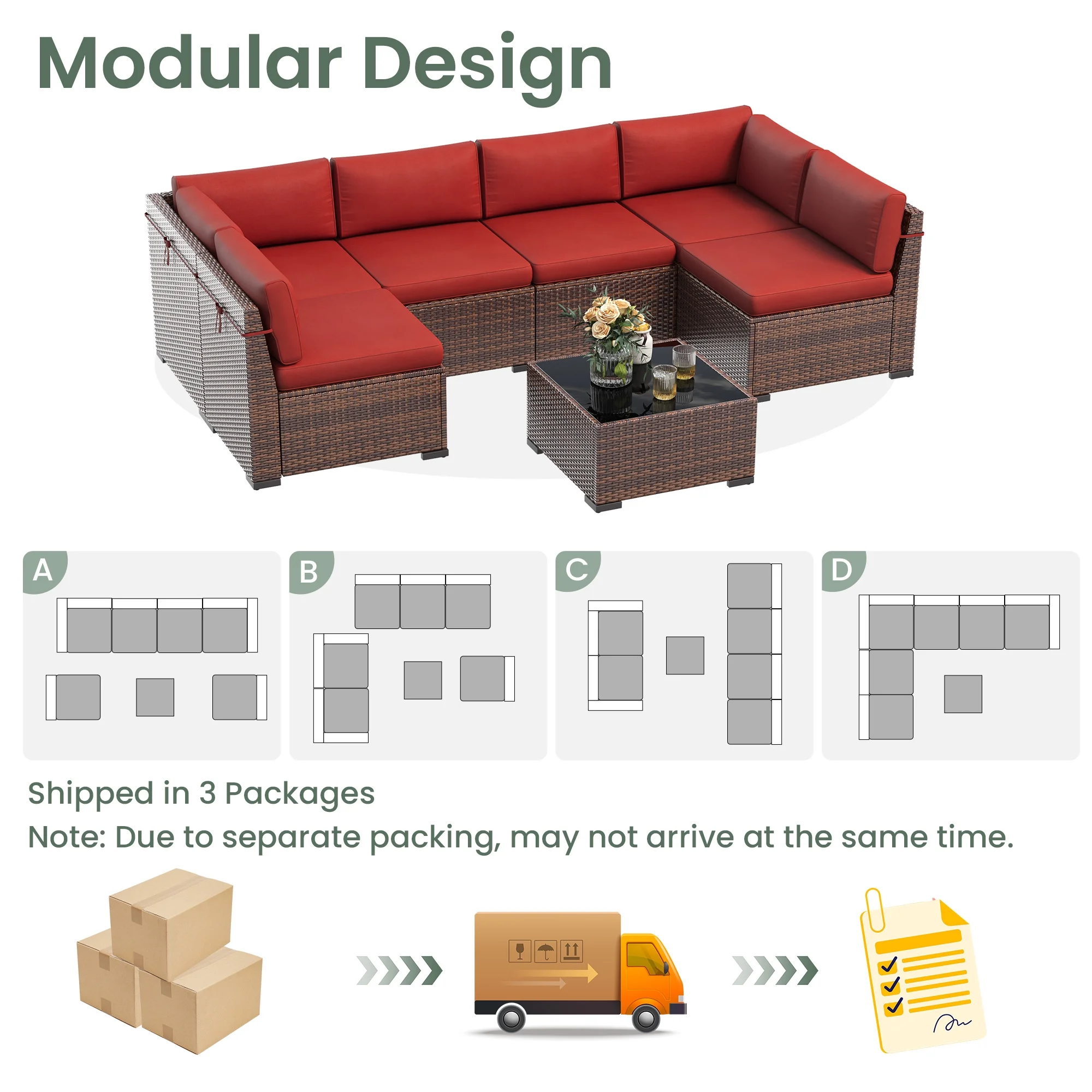 Poteban 7 Pieces Outdoor Sectional Sofa Set , PE Wicker Rattan Slanted Back Outdoor Conversation with Cushions and Glass Coffee Table for Backyard Garden, Dark Gray