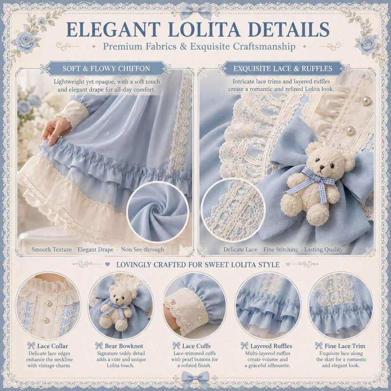 Teens Lolita Princess Dress Kawaii Long Sleeve Chiffon Skirt Petite Dress