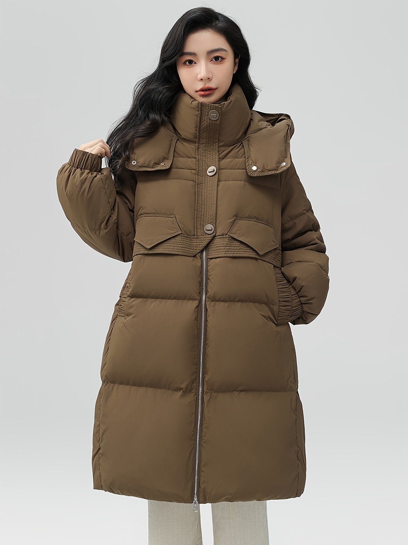 Slant Pockets Hoodie Puffer Jacket, Casual Long Sleeve Jacket For Winter, Women’s Clothing