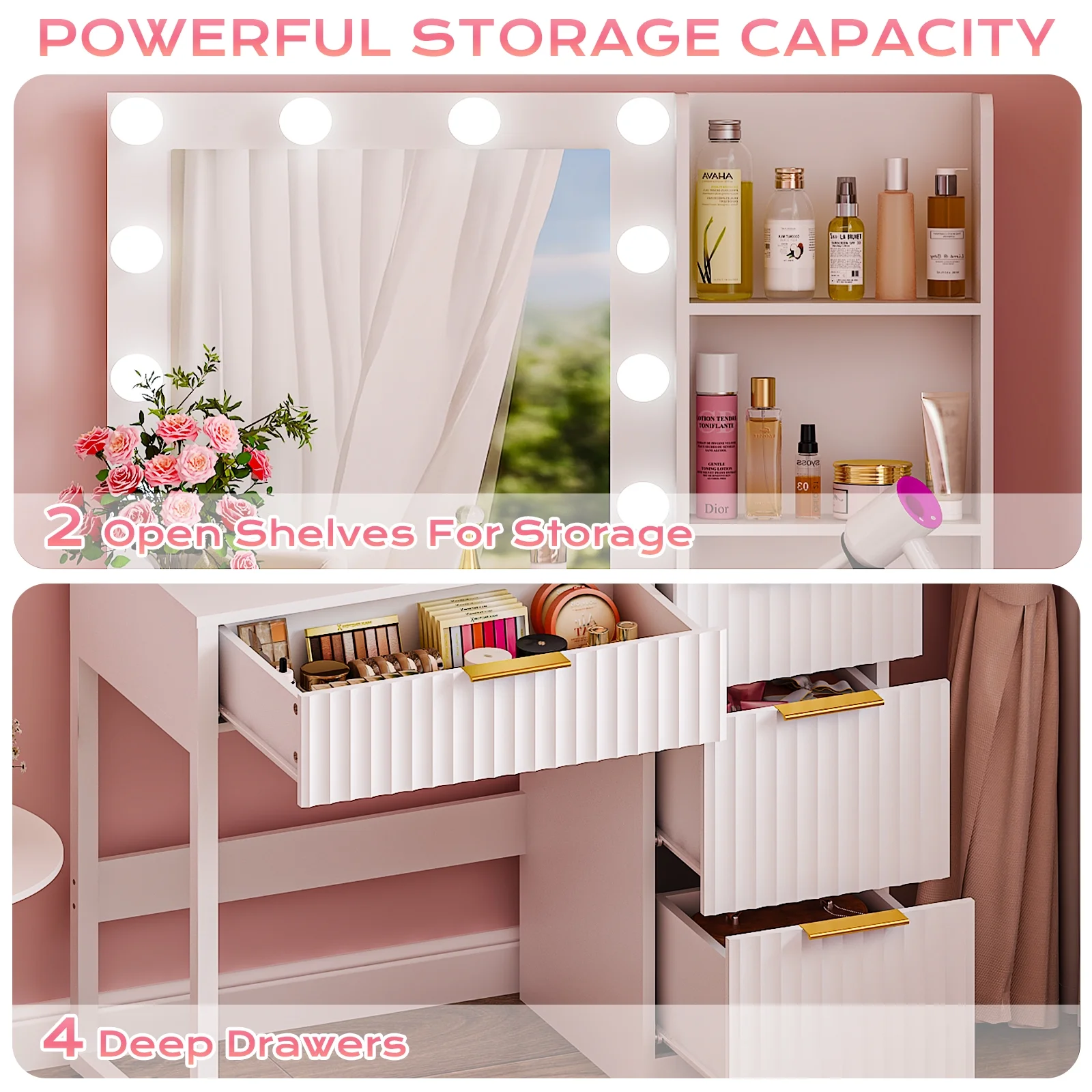 Ktaxon Vanity Set with 3 Color Lighted Mirror, Makeup Table with 3 Storage Shelves & Drawers, Dressing Table Makeup Desk with Stool,White