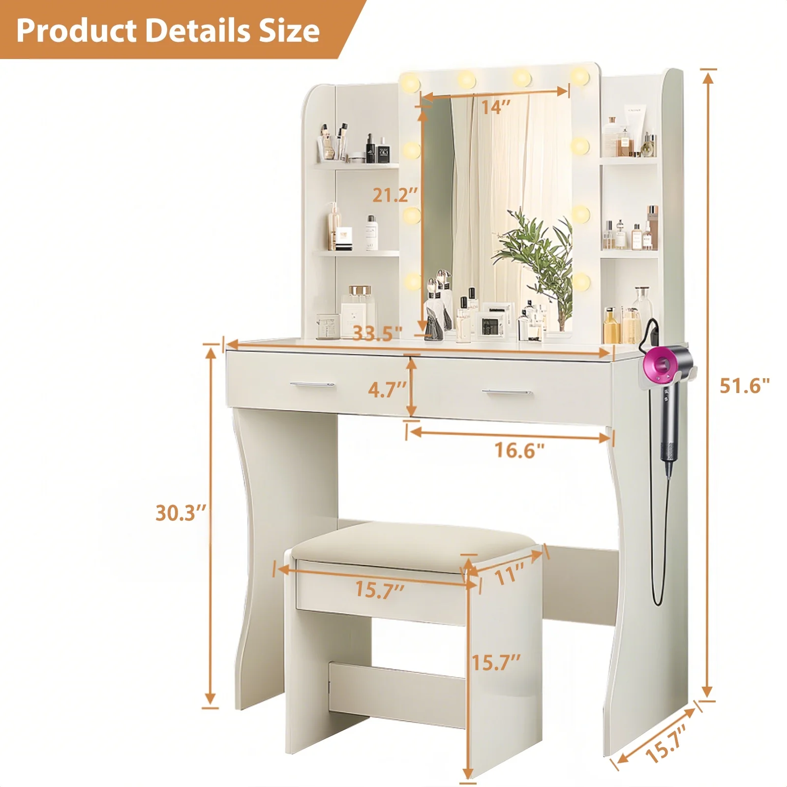 Vanity Desk with Mirror and Lights, Makeup Vanity with Drawer & Storage Cabinet, 3 Lighting Modes Adjustable Brightness, Makeup Desk with Open Shelves for Bedroom, Dressing Room, White