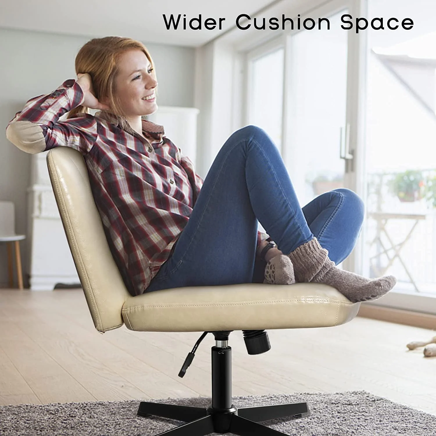 Waleaf Armless Desk Chair No Wheels with Ottoman&Lumbar Support,PU Leather Padded Modern Swivel, Height Adjustable Wide Seat Cross Legged Computer Task Chair for Living Room, Beige