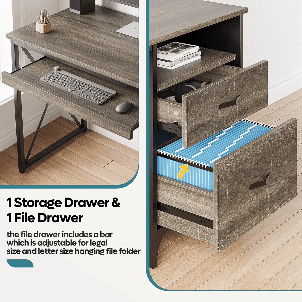 Bestier 55 inch Computer Desk with Storage Drawers & Keyboard Tray & File Drawer Home Office Desk Grey