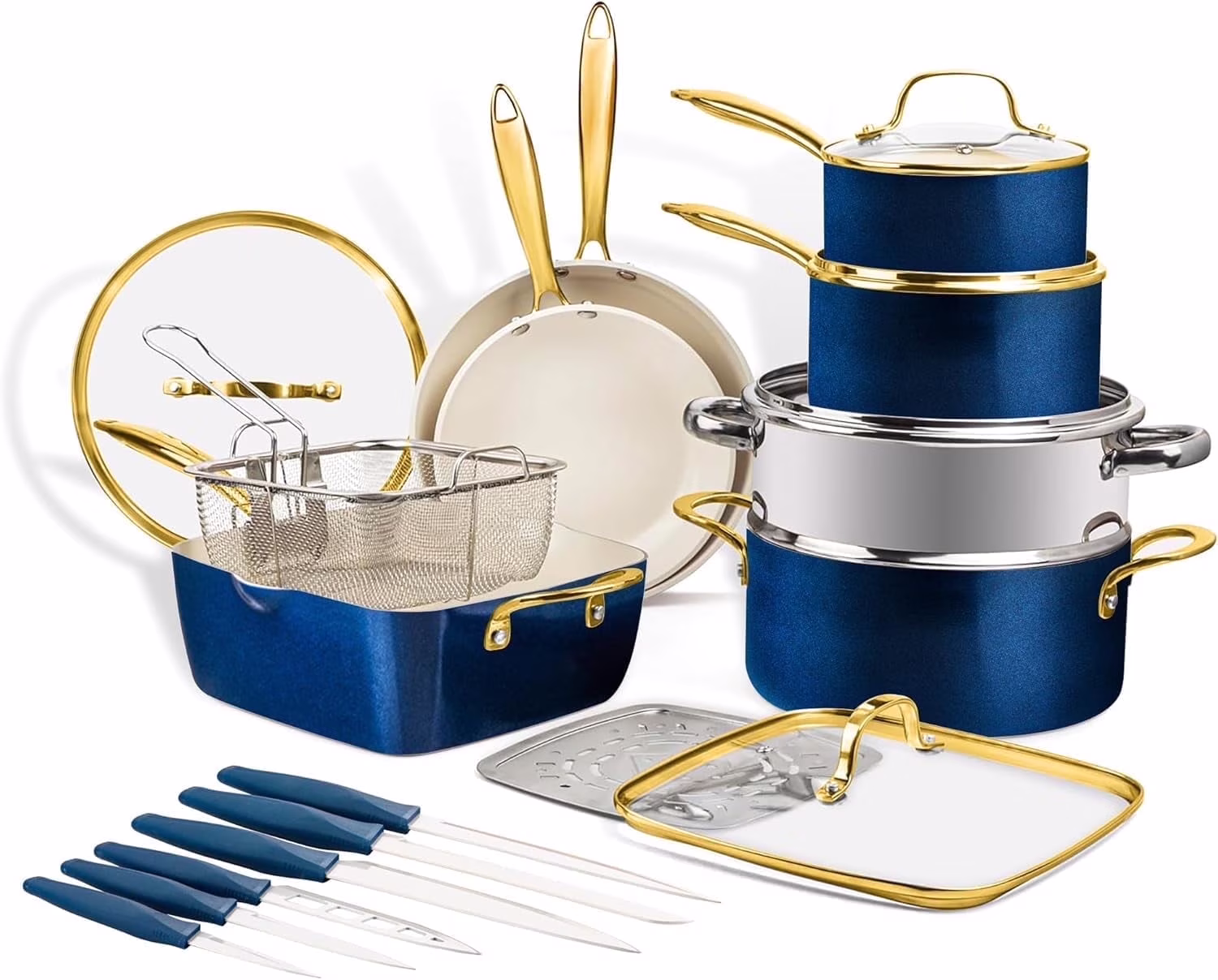 Gotham Steel 20 Pc Ceramic Pots and Pans Set Non Stick, Kitchen Cookware Sets with Knife Set, Pot and Pan Set, Ceramic Cookware Set, Non Stick Pots and Pan Set, Oven and Dishwasher Safe