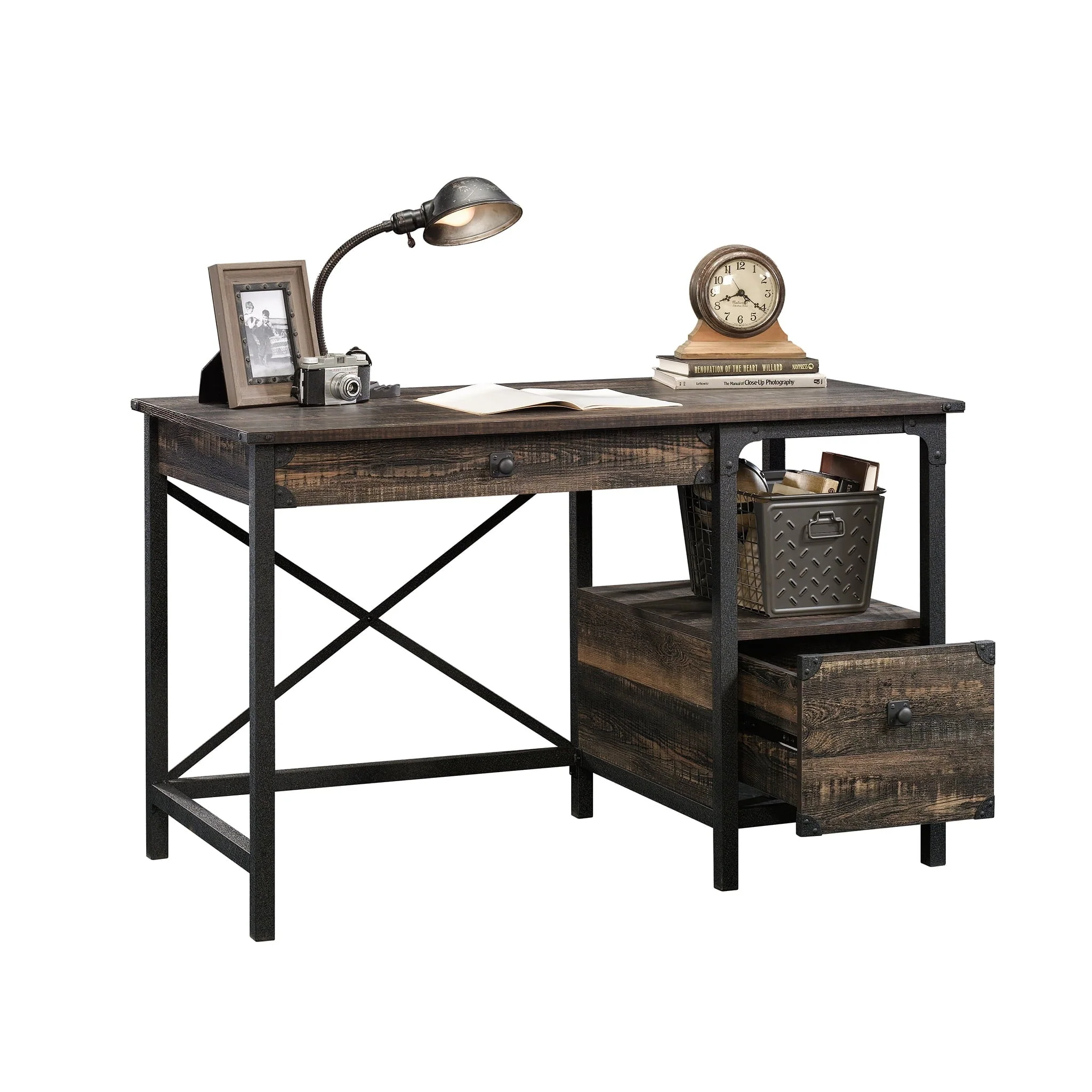 Sauder Steel River Desk, Carbon Oak Finish