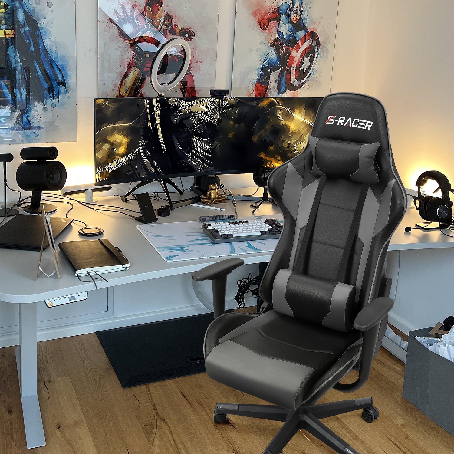 Homall Gaming Chair Office Chair High Back Computer Chair Leather Desk Chair Racing Executive Ergonomic Adjustable Swivel Task Chair with Headrest and Lumbar Support, Purple