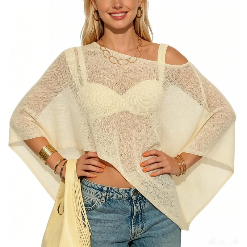 Women Sheer Poncho Top Lightweight Knit Crochet Shrug
