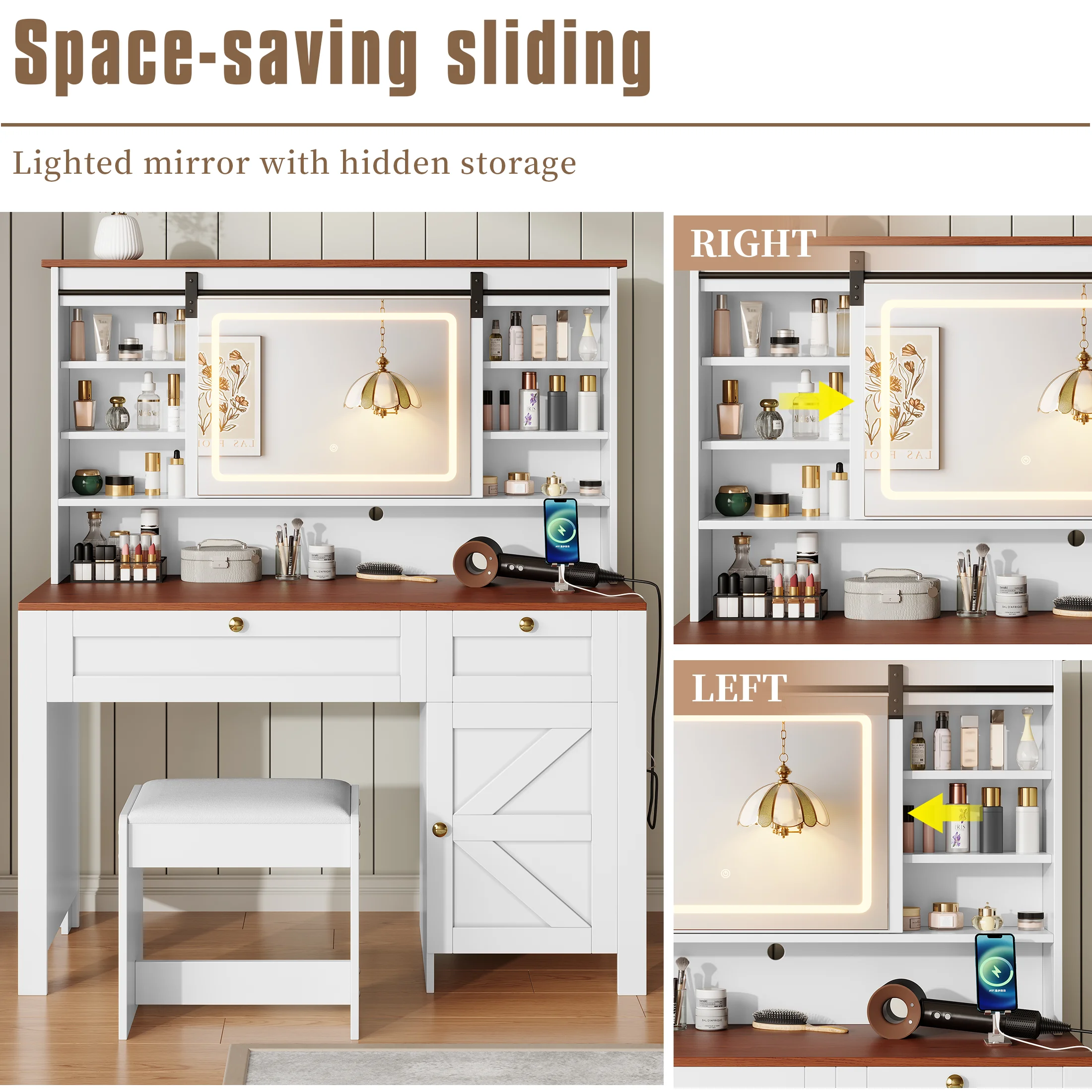 PAPROOS Vanity Set with Sliding Mirror and Lights, Large Farmhouse Makeup Desk with Charging Station, Dressing Table with 2 Drawers and Storage Cabinet, Upholstered Stool, White