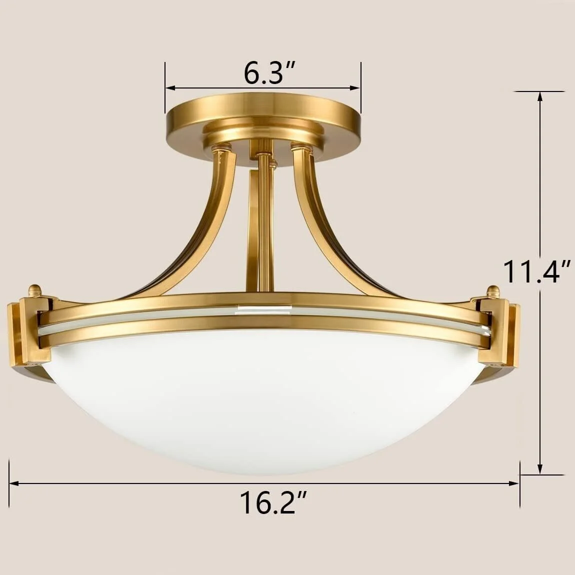 Claxy 3-Light Gold Semi Flush Mount Light with Bowl Milk Glass Shade