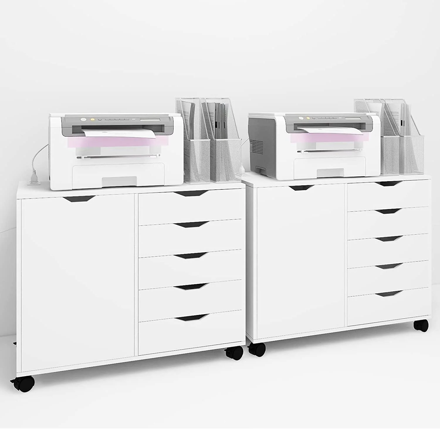 Natwind 5-Drawer Mobilable Wood Printer Stand with Charging Station，Cart File Storage Cabinets with Socket and Door Home Office Lateral Filing Cabinet(white)