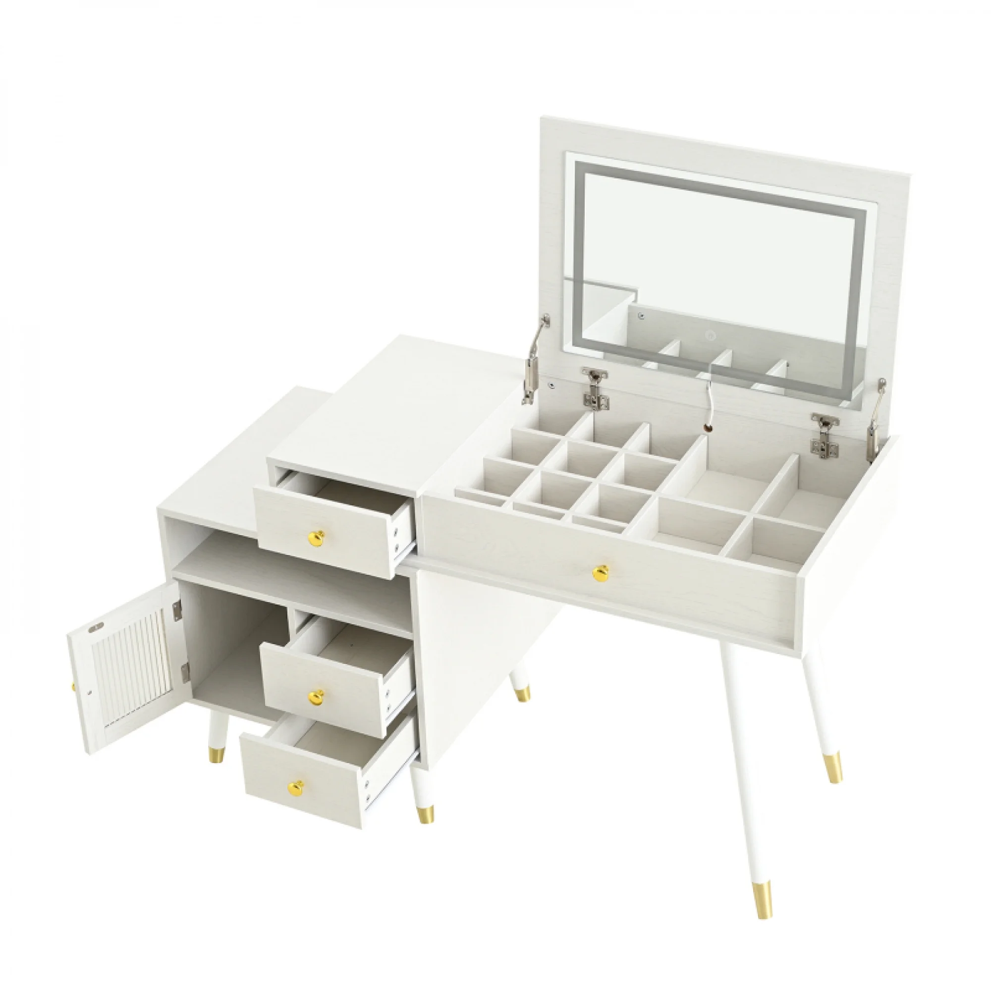 3-in-1 Vanity Desk with Lighted Flip-Top Mirror & Adjustable Cabinet, Makeup Dressing Table with Stool, Dresser with Drawers for Bedroom, White