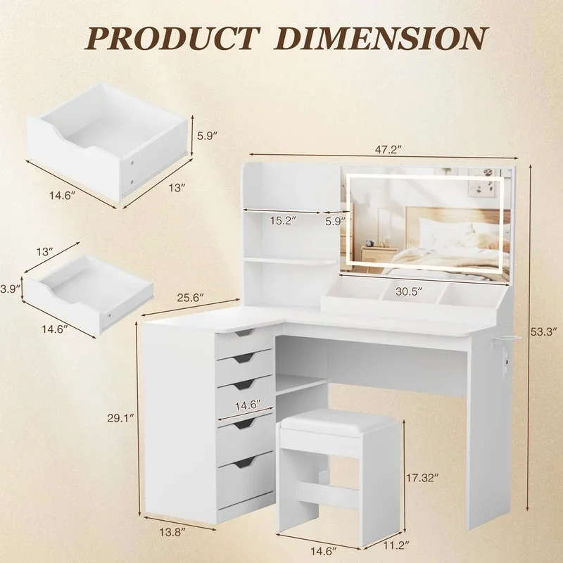 Furmax L Shaped Vanity Desk Set Corner Makeup Vanity Set with Adjustable LED Lighted Mirror & Power Outlets Dressing Table with Organizers, and Cushioned Stool, White