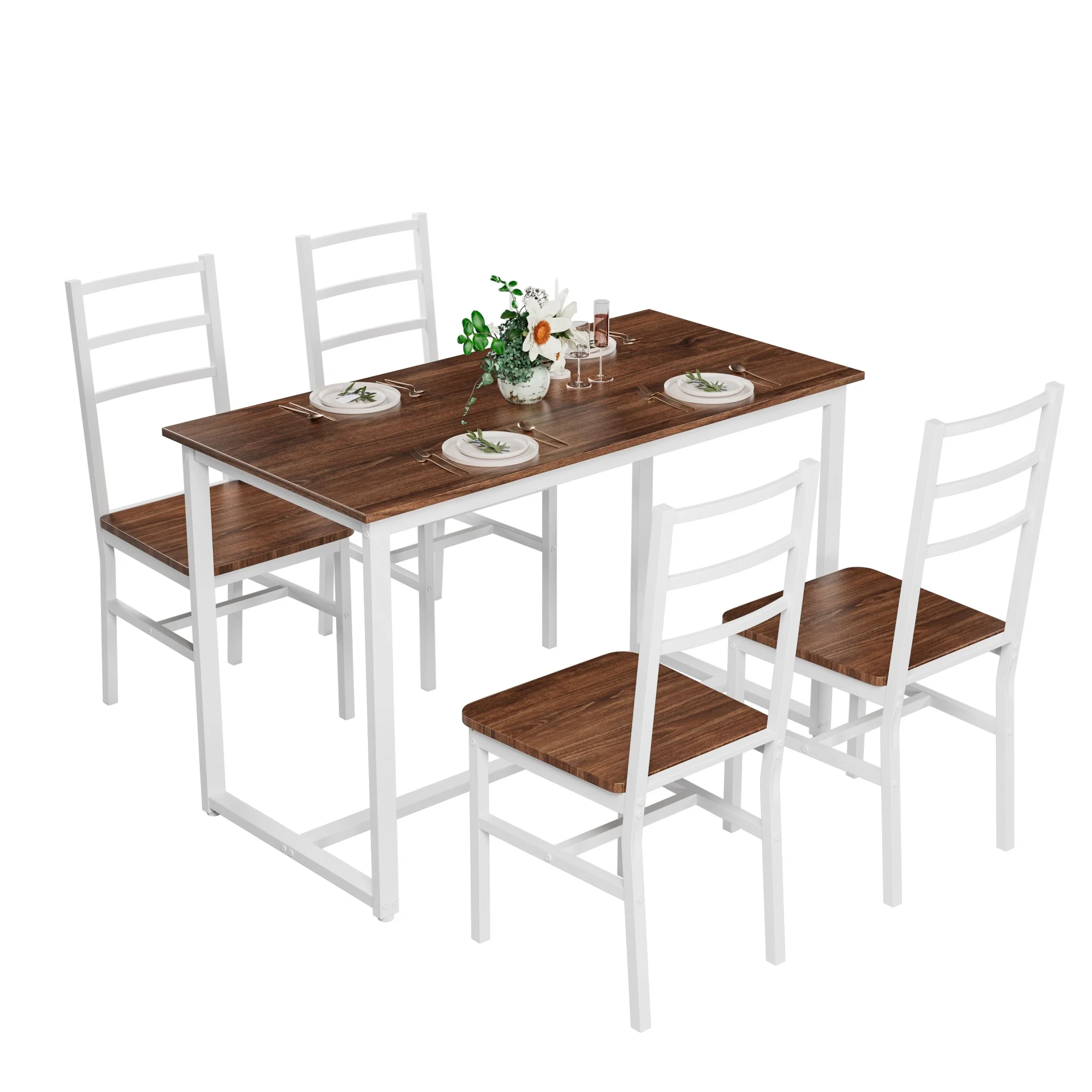5-Piece Modern Dining Table Set for 4,Wood Kitchen Table Chairs Set for Small Place, Kitchen, Dining Room,Brown+White