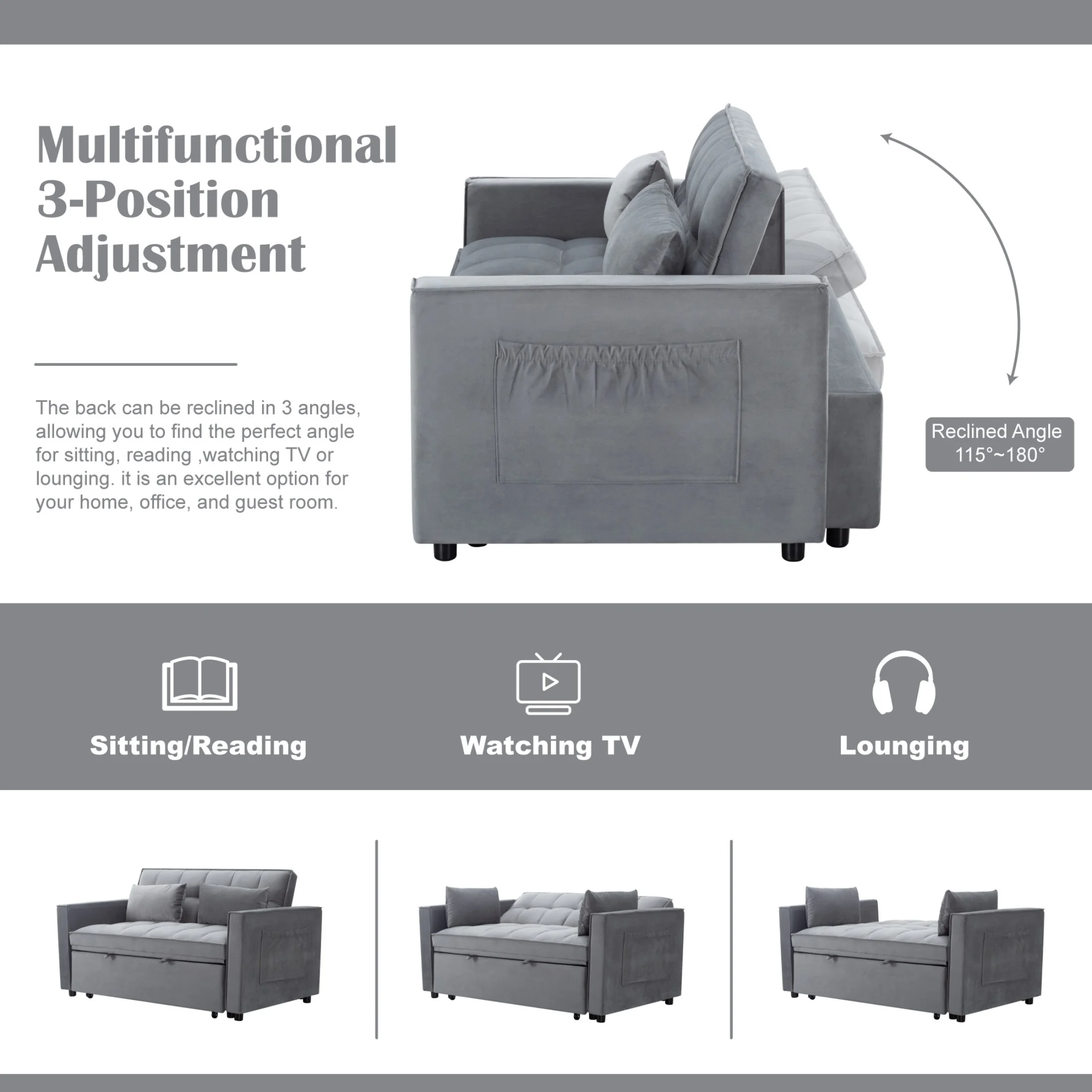 Gewnee 55'' Modern Convertible Velvet Sofa Bed with Pull-Out Twin Bed, Adjustable Backrest for Living Room, Office (Dark Gray)