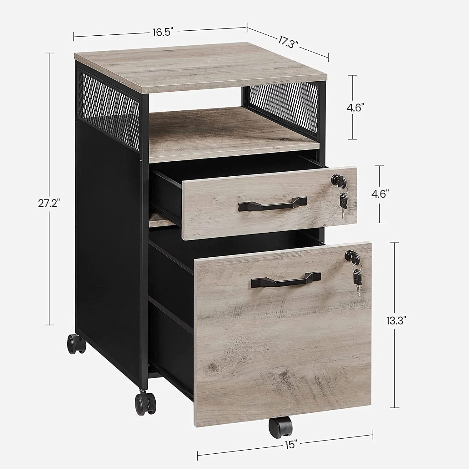 VASAGLE File Cabinet with Lock Filing Cabinet with 2 Storage Drawers for Home Office Open Shelf Greige and Black