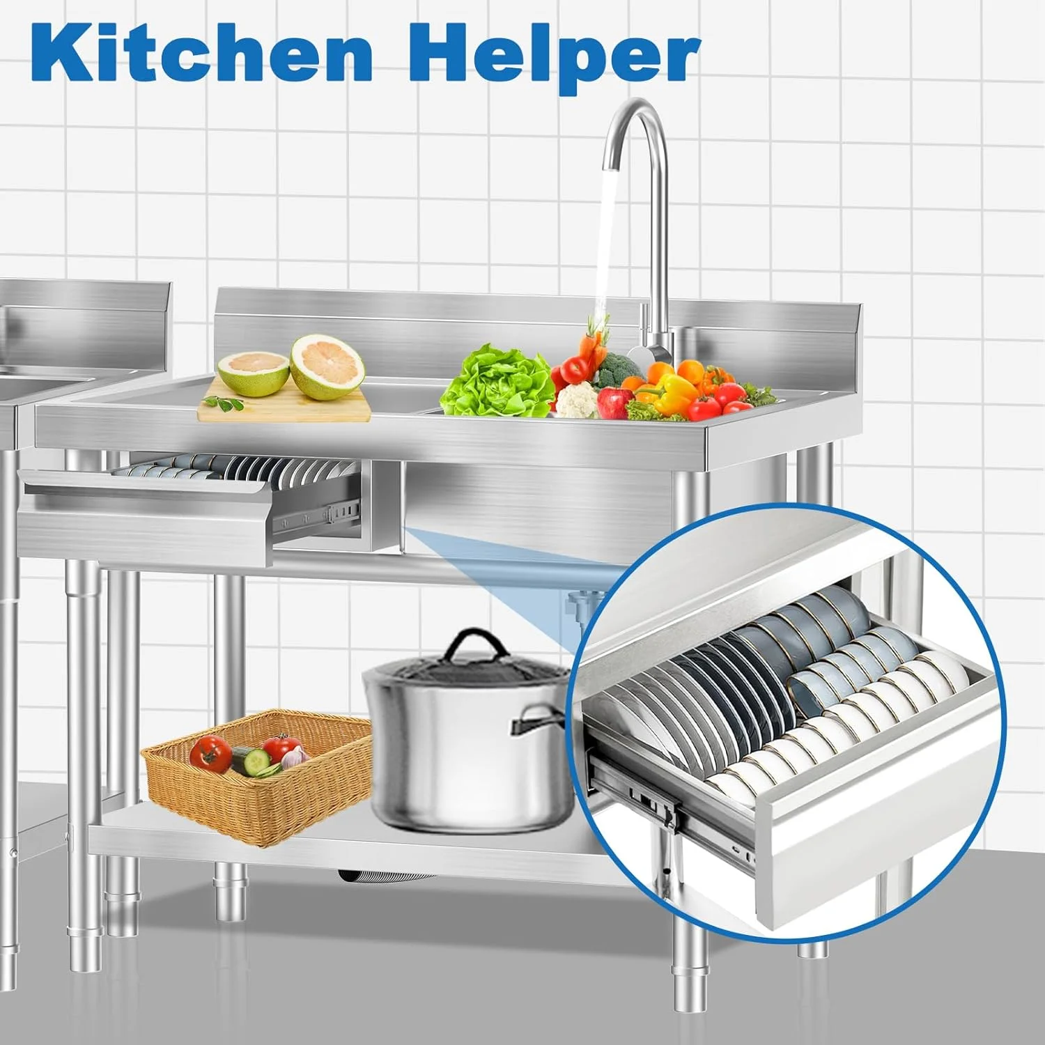 Stainless Steel Utility Sink Freestanding Single Bowl Laundry Sink with Workbench Drawers