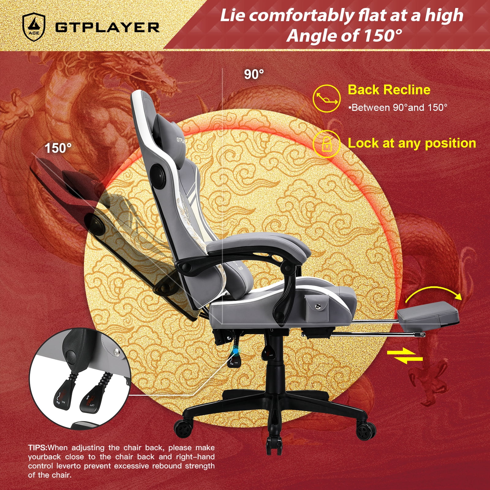 GTPLAYER Gaming Chair with Bluetooth Speakers and Footrest Office Desk Chair, Blue
