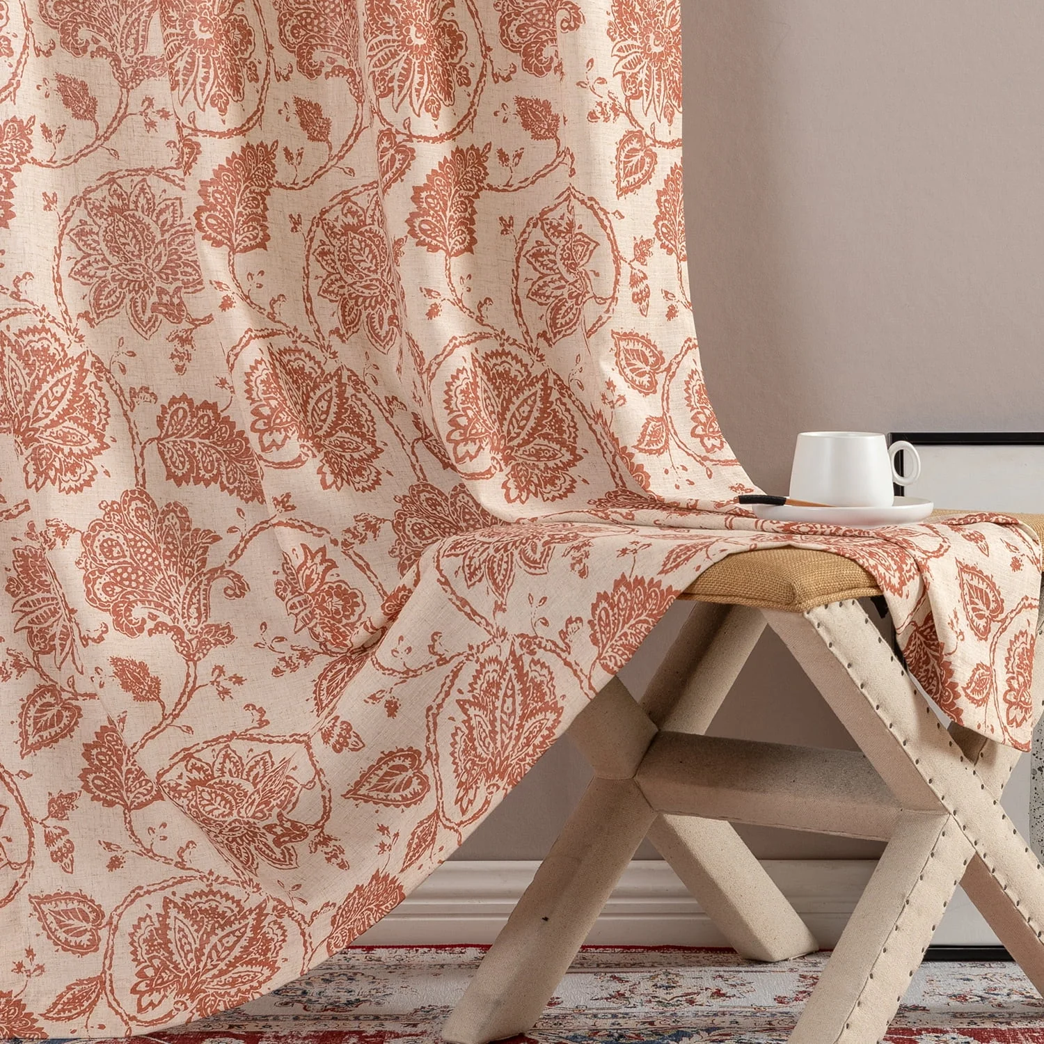 Curtainking Floral Curtains 84 inches Light Filtering Window Curtains for Living Room Grommet Farmhouse Drapes Vintage Printed Window Treatments Set 2 Panels Terra Red