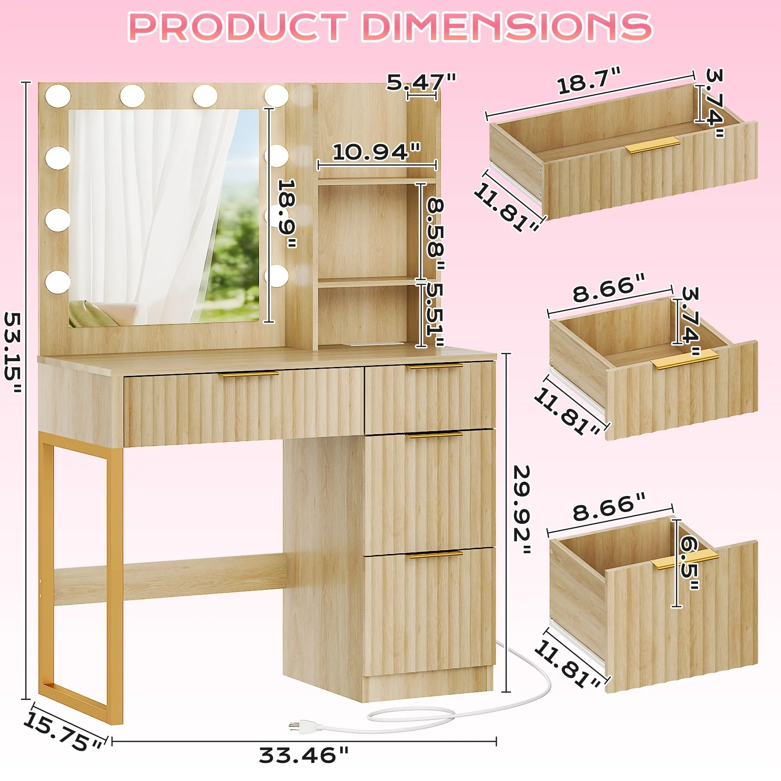 Ktaxon Vanity Set with 3 Color Lighted Mirror, Makeup Table with 3 Storage Shelves & Drawers, Dressing Table Makeup Desk with Stool,White