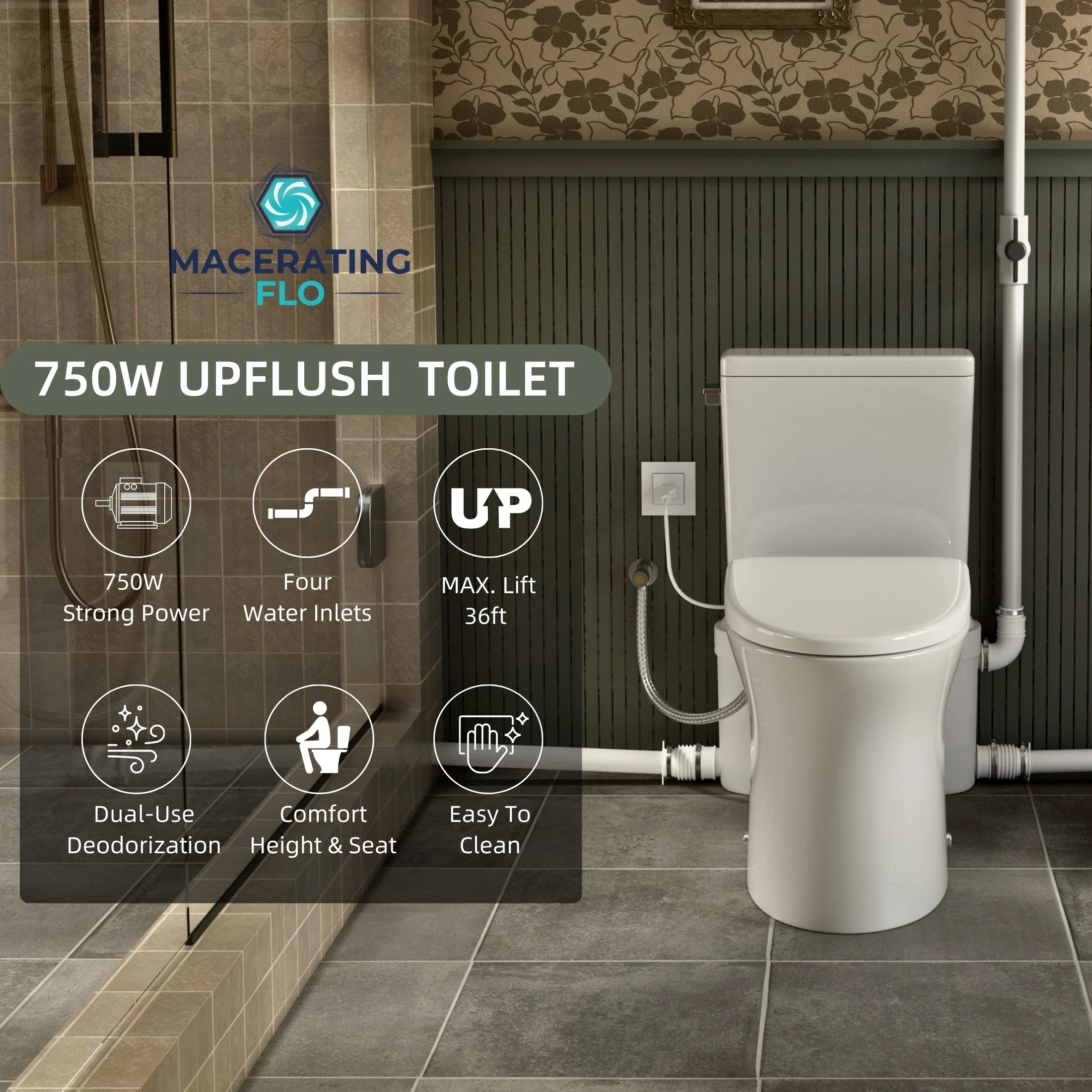 MaceratingFlo Upflush Toilet for Basement with 750W Macerator Pump, 4 Water Inlets, Chair-Height & 1.28 GPF Rimless Flush, Includes Two Extension Pipes