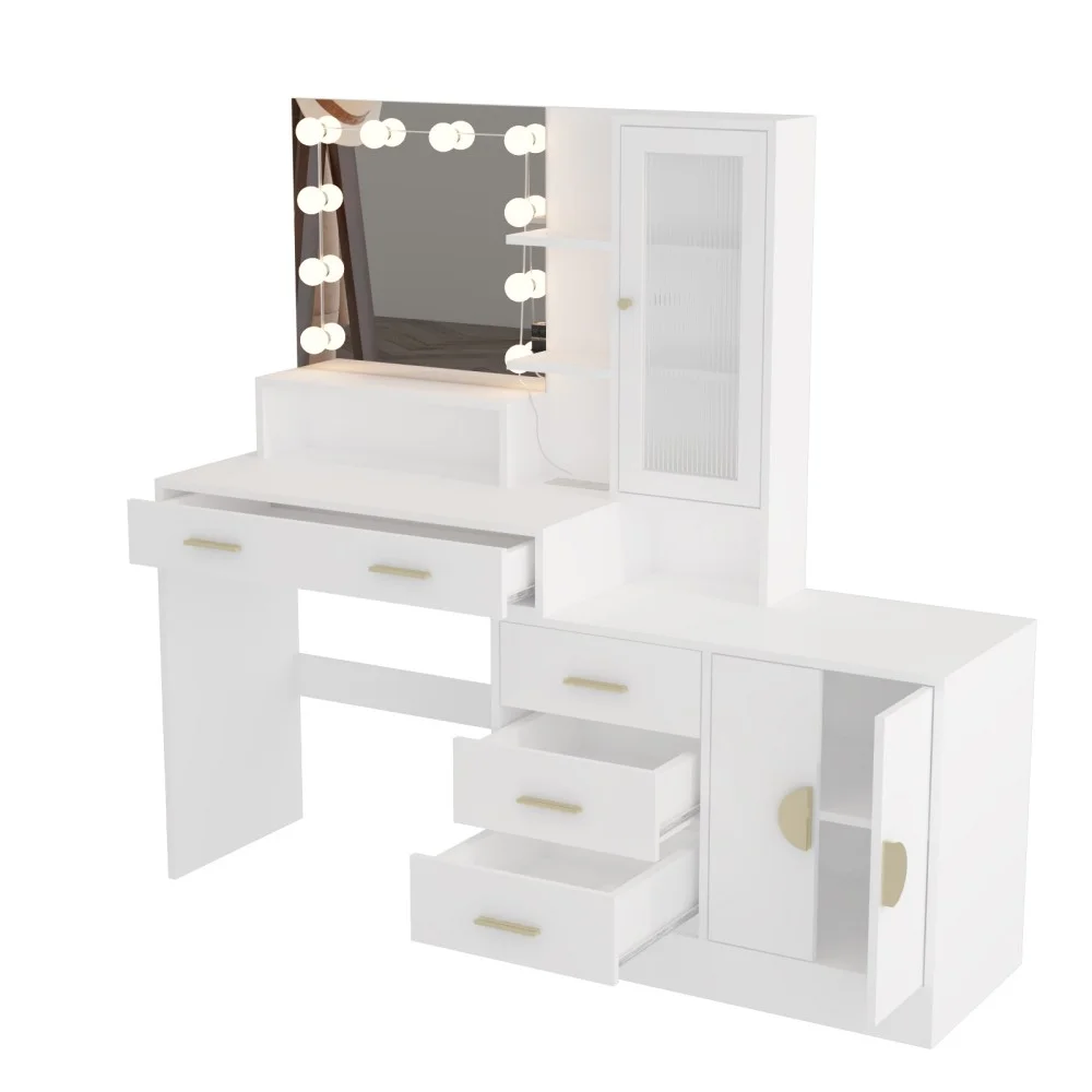 IVV Vanity Desk with Lighted Mirror and Charging Station, Makeup Dressing Table with 5 Drawers and Storage Cabinet, 10 LED Bulbs, 3-Color Lighting Modes, Brightness Adjustable, Black