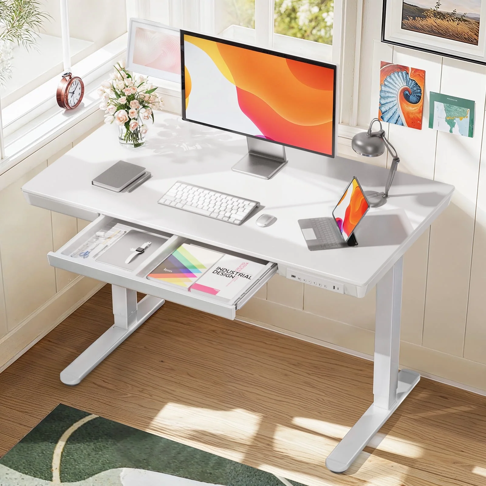 CHITOOMA Glass Top Electric Standing Desk with Drawer, 48'' x 24'' Electric Height Adjustable Desk with USB Charging Ports, Sit Stand up for Home Office
