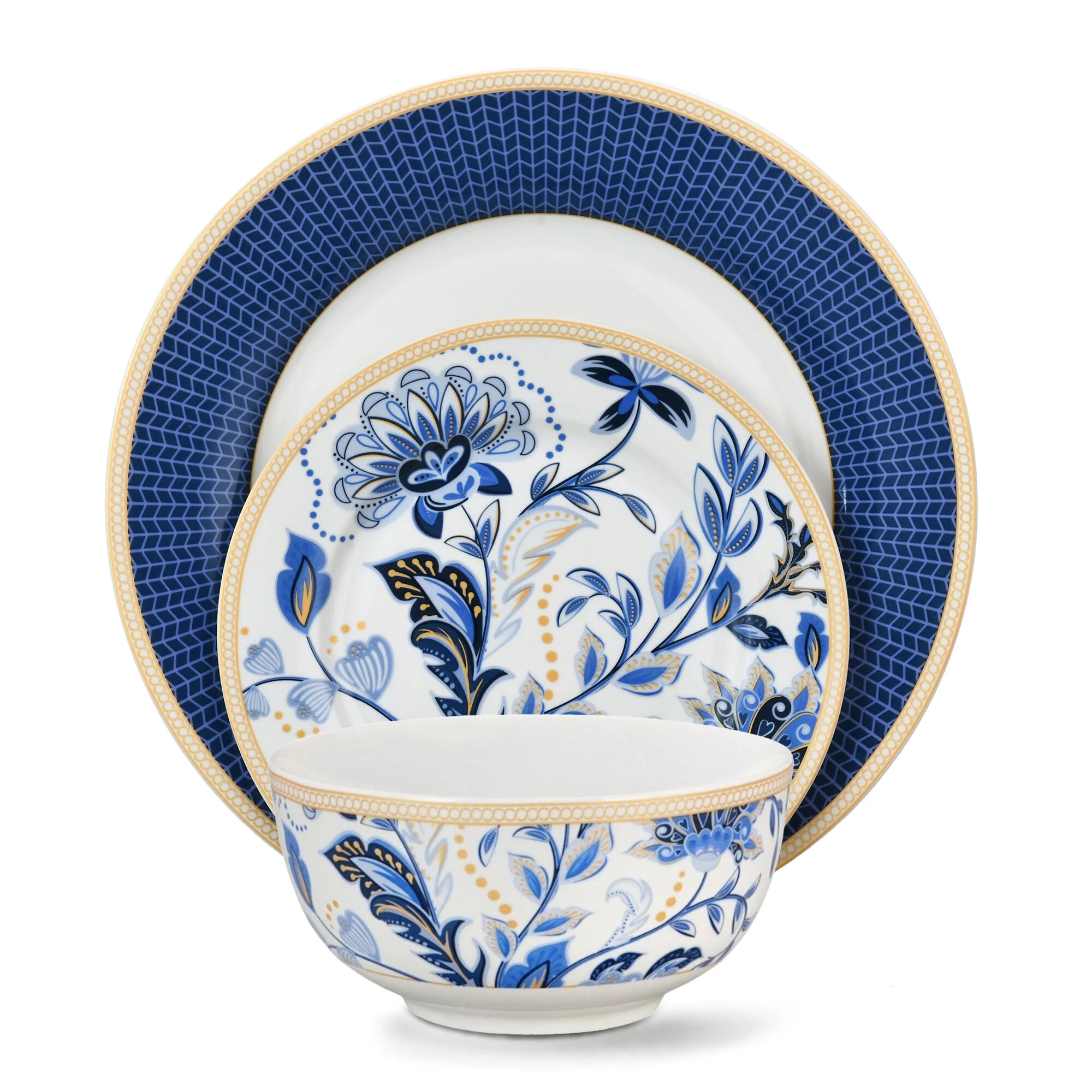 STP GOODS Melodie de Fleurs Bone China Dinnerware Set of 24 Service for 6 24-Piece Dish Set of Plates and Bowls, Blue Gold White