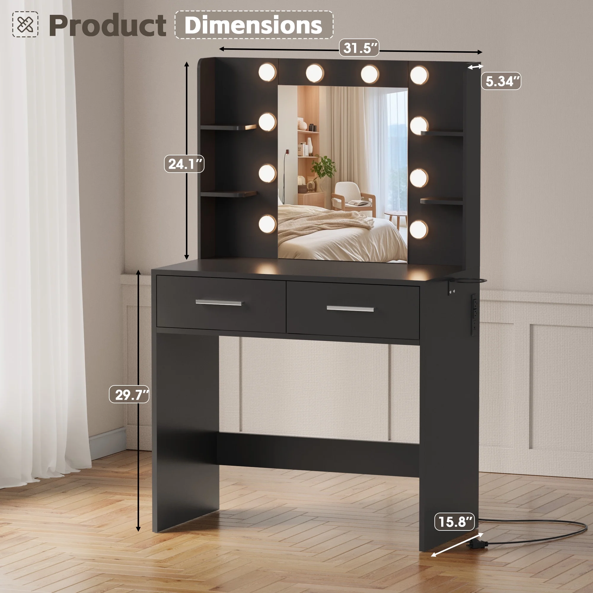 Furmax Makeup Vanity Table and Chair Set with 3 Modes Adjustable Lights and Mirror Vanity Desk with Shelves and Drawer, White