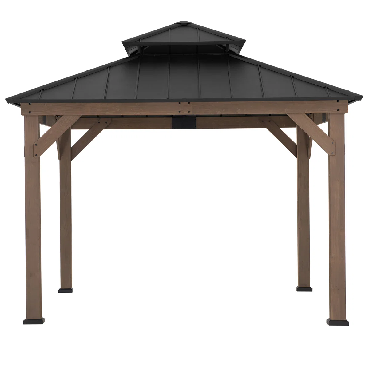 Sunjoy 11 x 11 ft. Wood Gazebo Standard Cedar Framed Gazebos with Black Double Steel Hardtop Roof for Garden. Backyard Shade