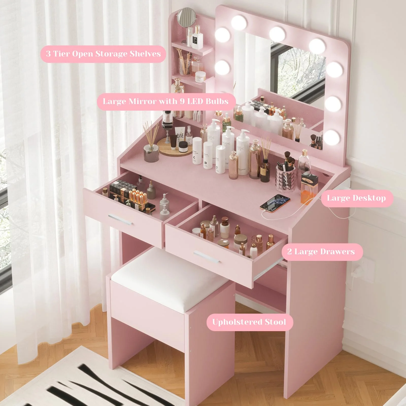 Yeshouse Vanity Desk with Mirror and Lights, White Makeup Vanity with 2 Drawers, 3 Light Mode and Brightness Adjusted, Makeup Table for Bedroom, Desk and Chair