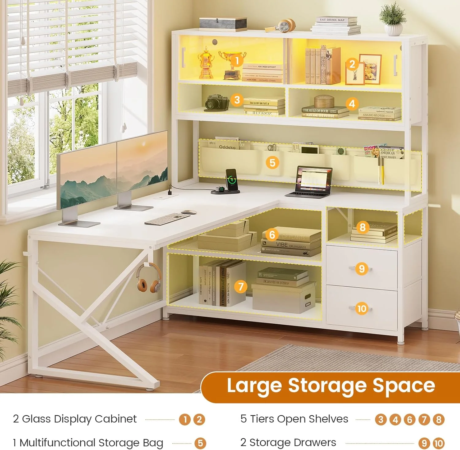L Shaped Computer Desk with 2 Drawer and Bookshelf, L Shaped Gaming Desk with LED Light, Black