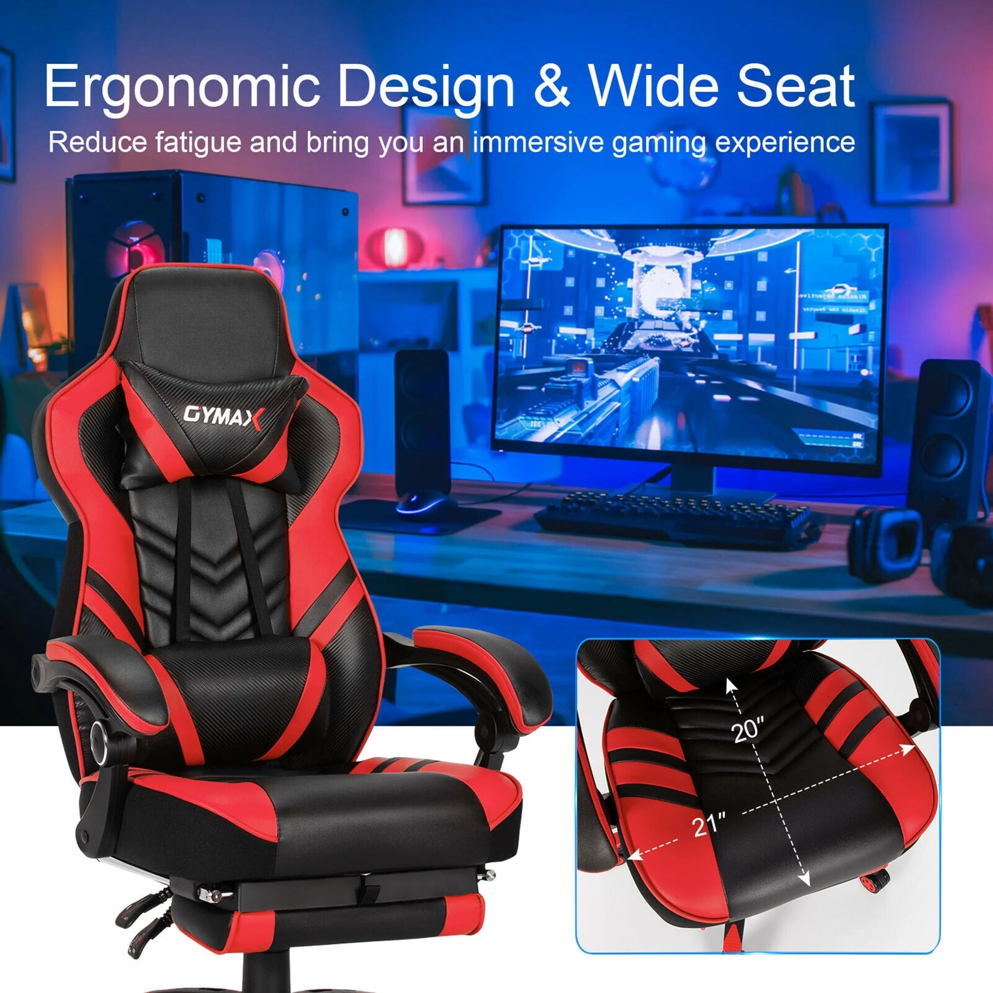Gymax Office Computer Desk Chair Gaming Chair Adjustable Swivel w/Footrest Red