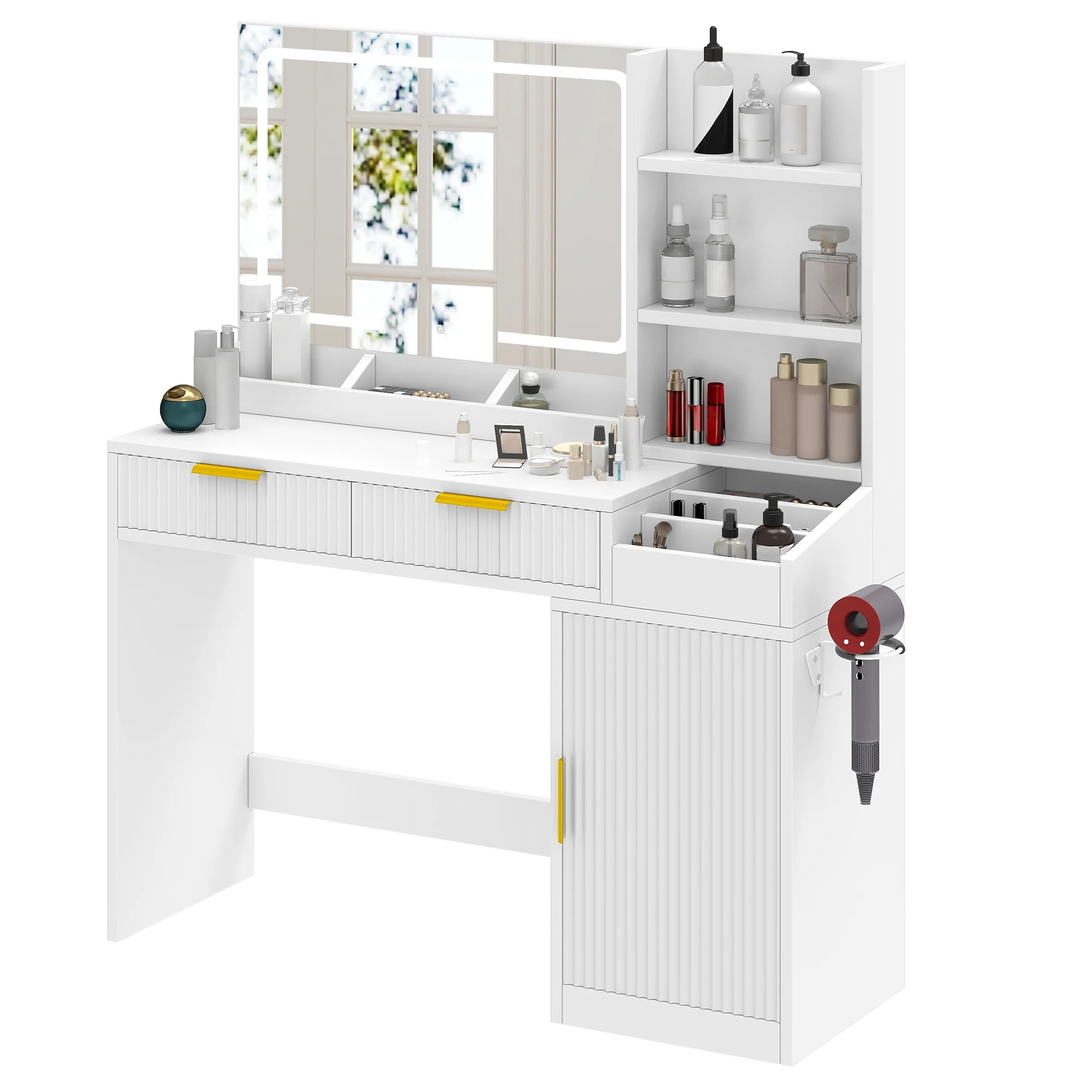 Uforic Vanity Desk with Mirror and LED Lights, Makeup Vanity Table with 2 Drawers & 11 Shelves, Makeup Table with Power Outlet for Bedroom Dressing Room,Oak