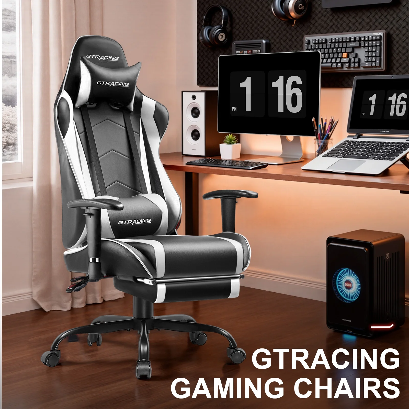 GTRACING Gaming Chair, Ergonomic Office Desk Chair with Lumbar Support, PU Leather, Footrest & Adjustable Headrest, Red