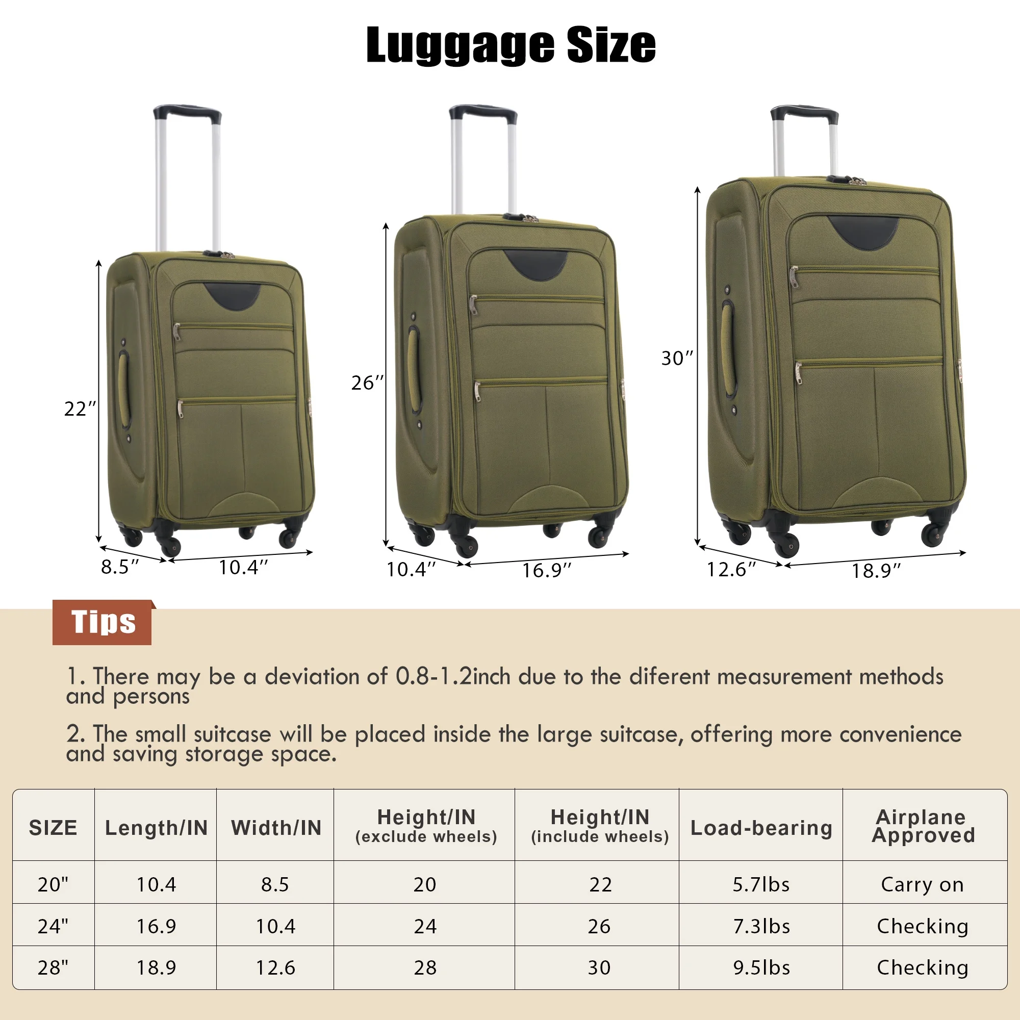 EUROCO 3 Piece Softside Luggage Set,Expandable Suitcase Set with TSA Lock and Spinner Wheels,Lightweight Suitcase for Men Women(20