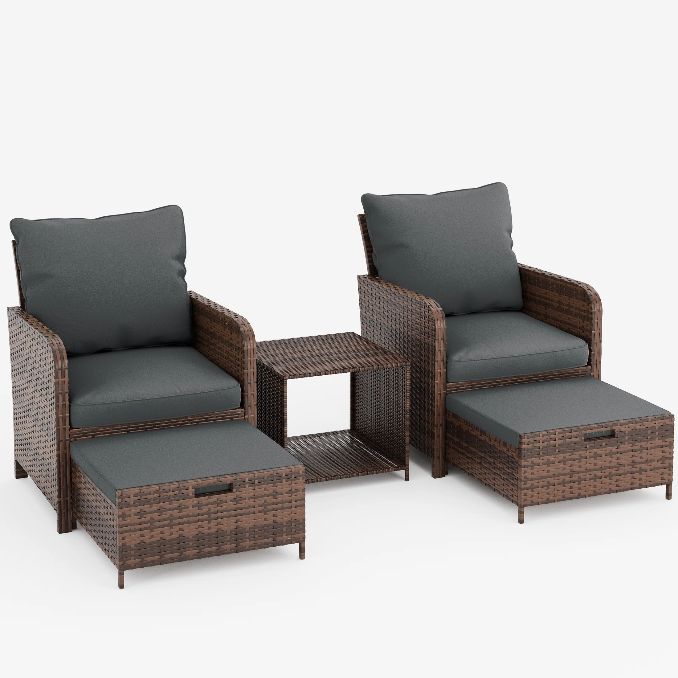 Poteban Balcony Furniture 5 Piece Patio Furniture Set, Outdoor Patio Chair with Ottoman for Front Porch Deck, Wicker Lounge Chair with Side Table, Grey