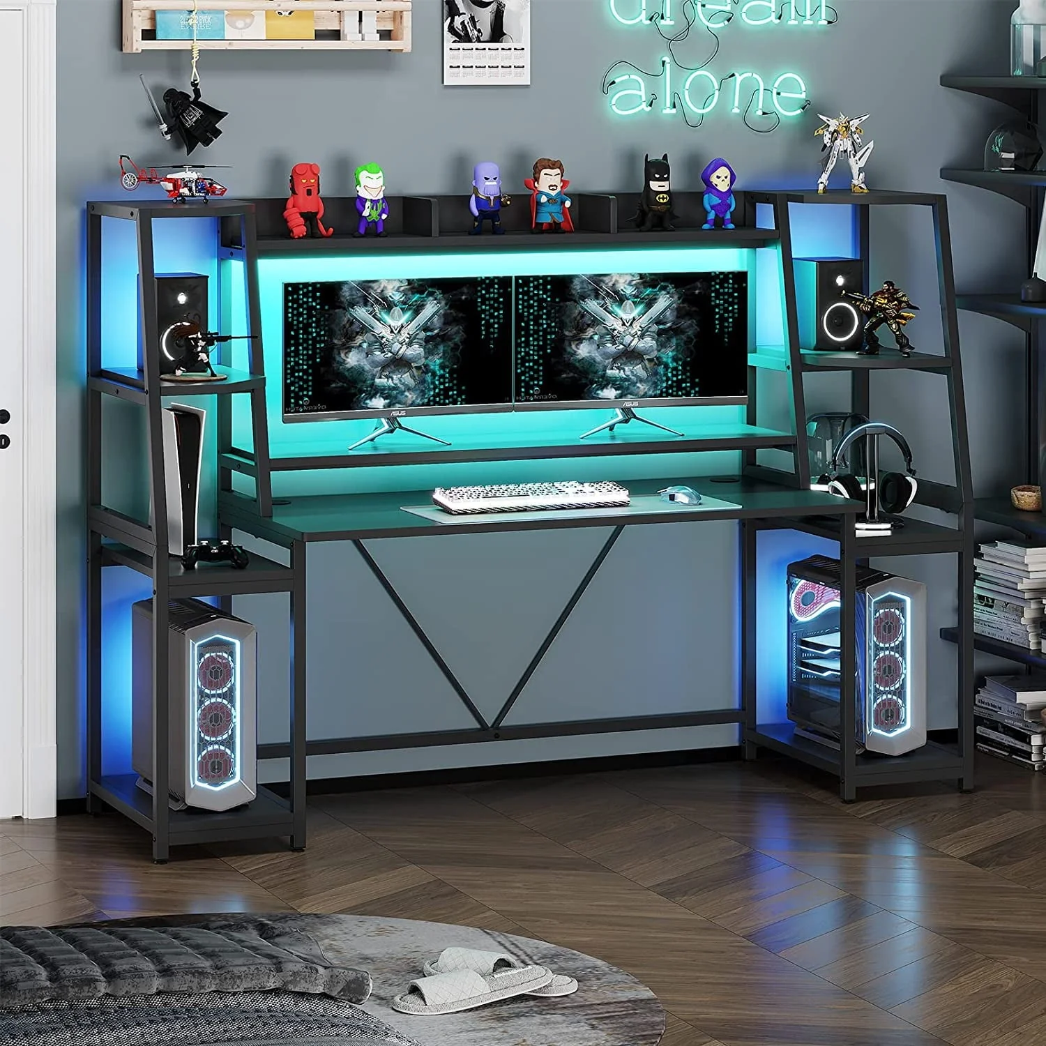 SEDETA 78.8'' Gaming Desk with Hutch and Storage Shelves,LED Lights Computer Desk Gamer Desk, Black