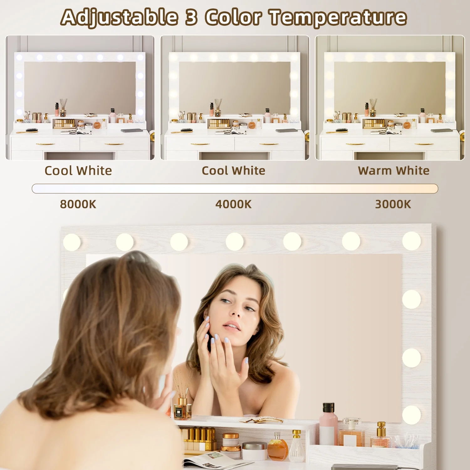Tomnk woo White Makeup Vanity Desk with Large Mirror, Adjustable Lights, Storage Drawers & Power Outlets