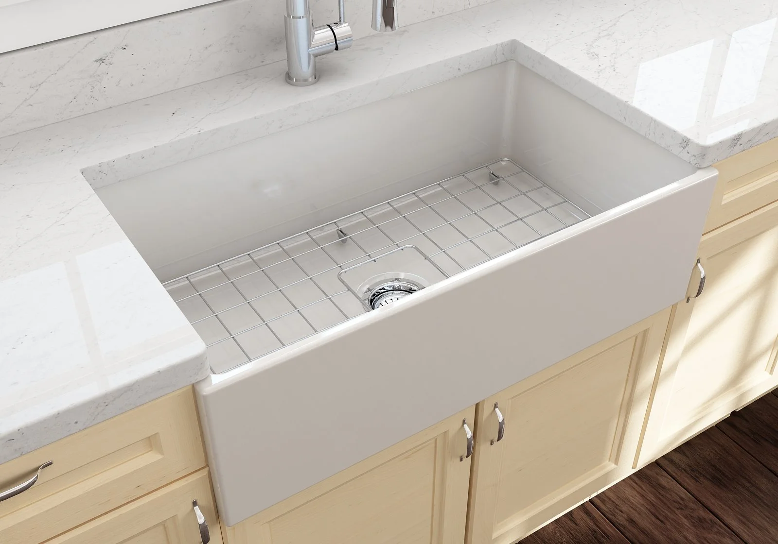 BOCCHI Contempo Apron Front Fireclay 33 in. Single Bowl Kitchen Sink with Protective Bottom Grid and Strainer in White