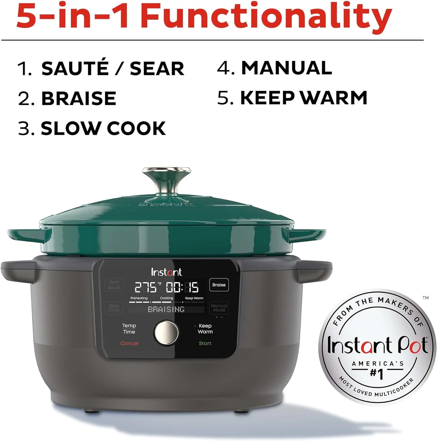 Instant Electric Round Dutch Oven, 6-Quart 1500W, From the Makers of Instant Pot, 5-in-1: Braise, Slow Cook, Sear/Saut��, Cooking Pan, Food Warmer, Enameled Cast Iron, Included Recipe Book, Green