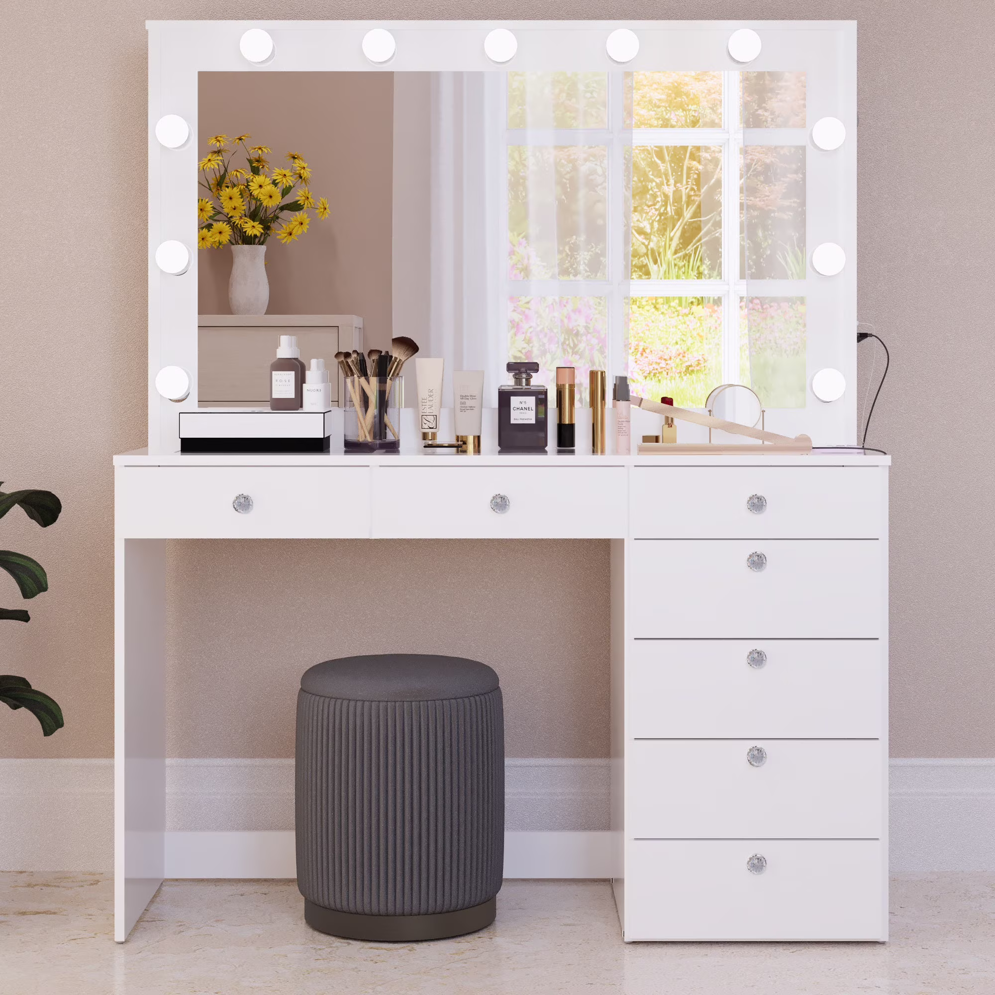 Ember Interiors Modern Large Greige Makeup Vanity Desk with Built-in Lights, Power Outlet with USB Type-C, Glass Top, 7 Drawers and Crystal Knobs
