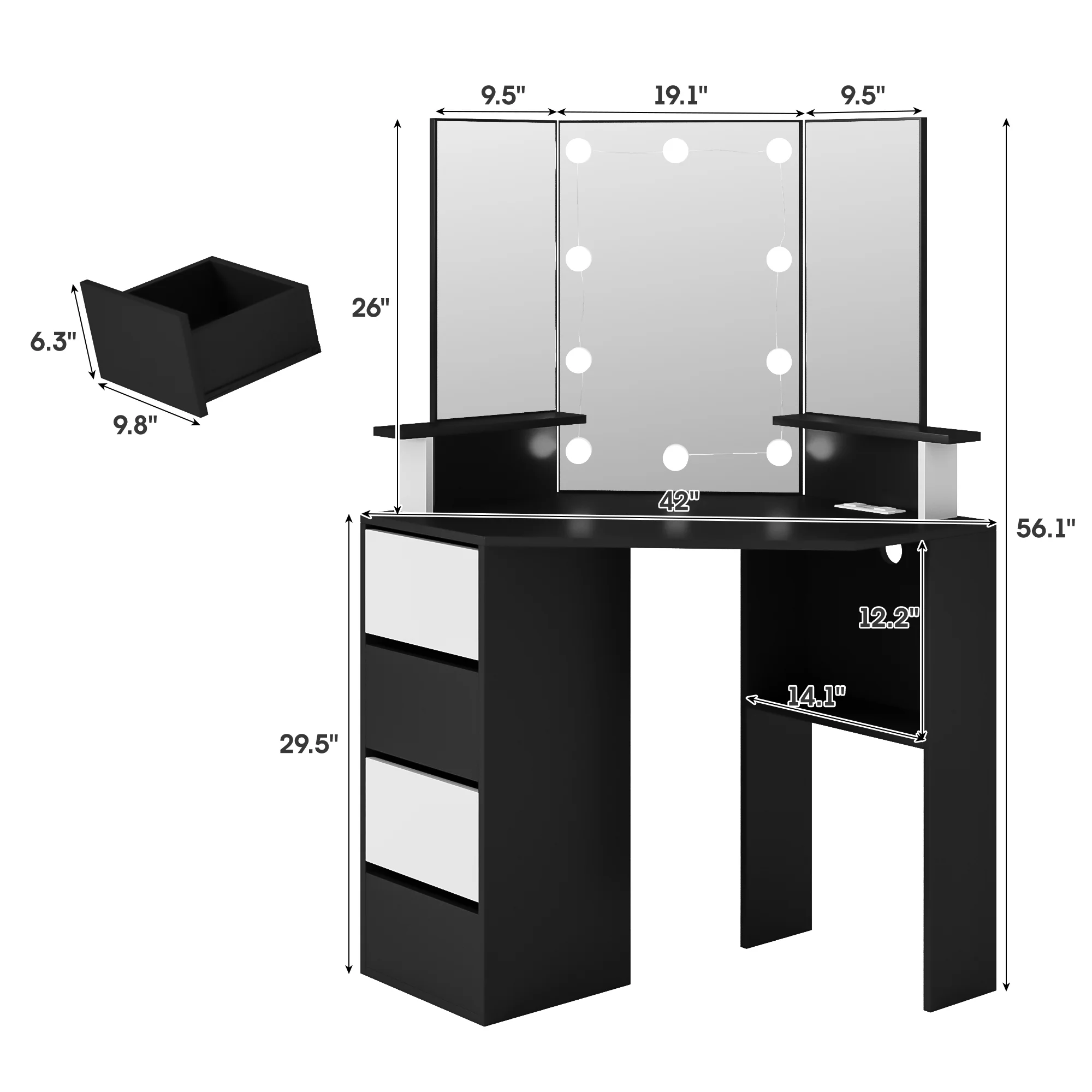 Veanerwood White Corner Vanity Desk with Mirror and Light,Makeup Table with 4 Drawers and Charging Station for Bedroom