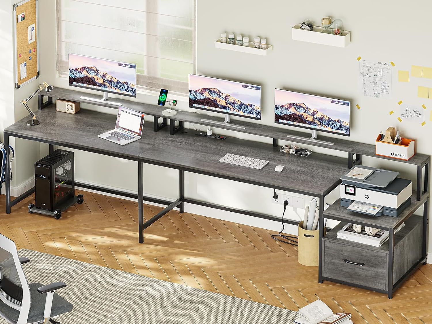 L Shaped Desk with Power Outlet and LED Lights, Corner Computer Desk with File Drawer for Home Office,  Gaming Desk,  Rustic Brown