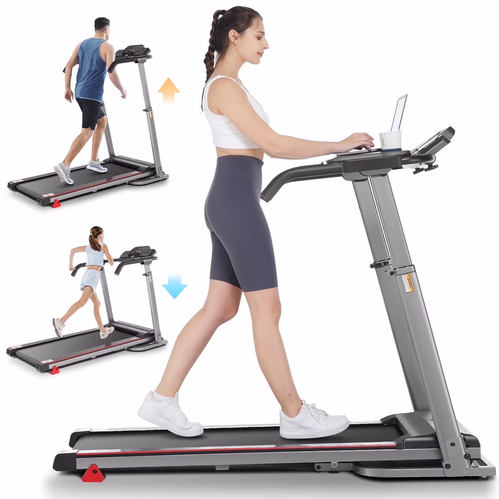 Folding Treadmill with Removable Desk, Foldable Treadmill with Adjustable Height, Treadmill 300lb Weight Capacity, White